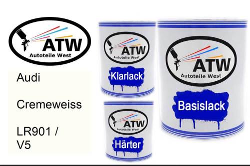 Audi, Cremeweiss, LR901 / V5: 1L Lackdose + 1L Klarlack + 500ml Härter - Set, von ATW Autoteile West.